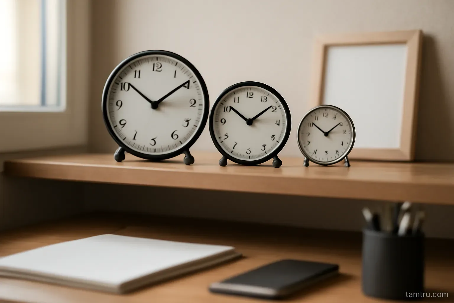 three small clocks of different sizes standing together on a shelf above a desk