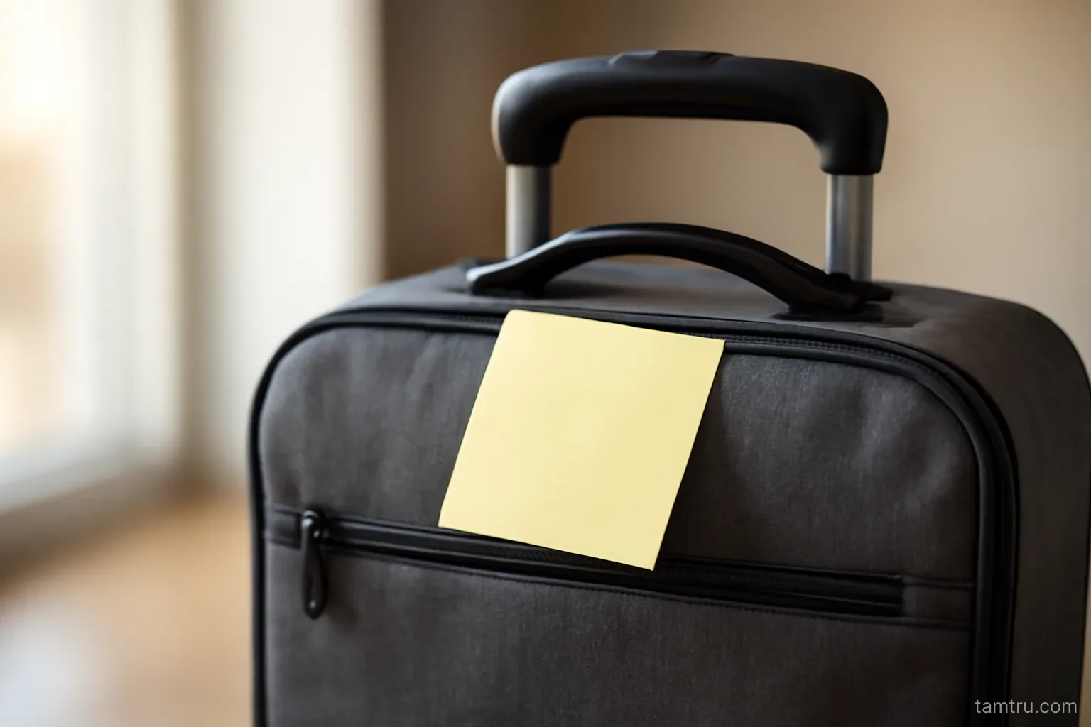 a short checklist written on a sticky note attached to the handle of a suitcase