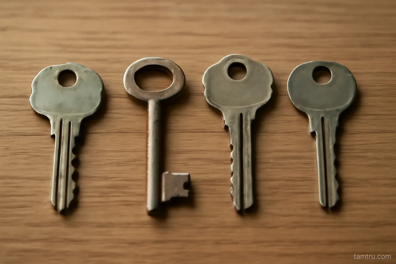 four keys of different shapes laid out in a row on a wooden surface