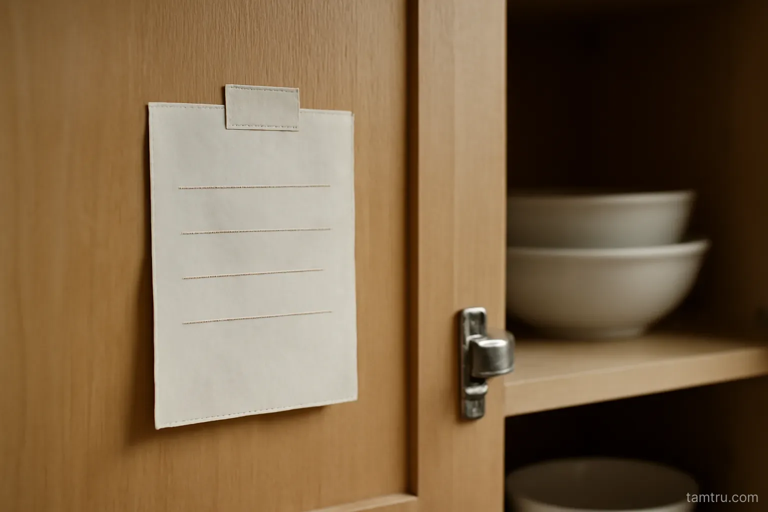 a short handwritten list taped to the inside of a cupboard door above a shelf