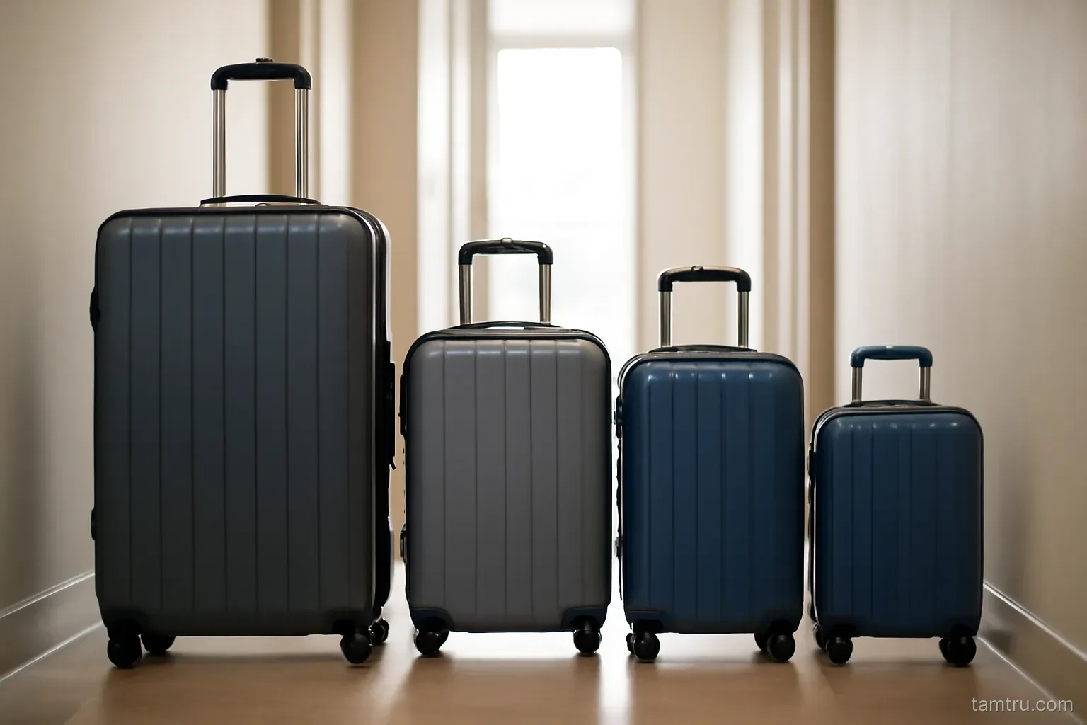 four suitcases of different sizes lined up together in a hallway before a trip