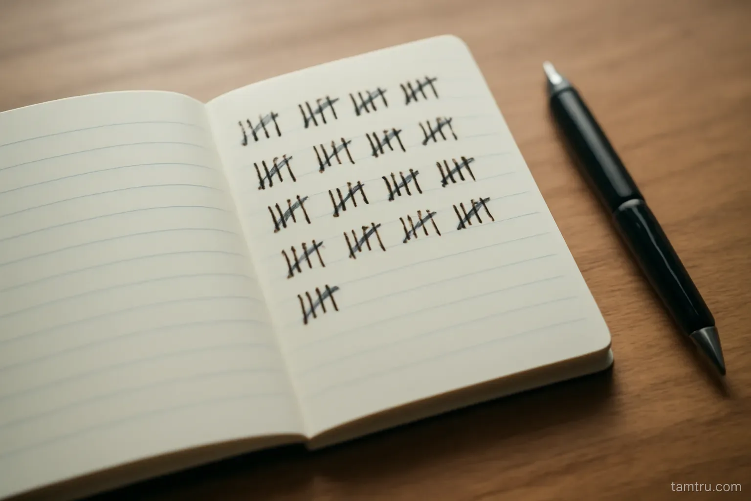 a small notebook open to a page with tally marks in four columns beside a pen