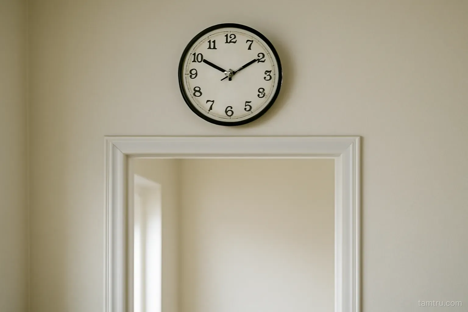 a plain wall clock hanging above a doorway in an otherwise empty room