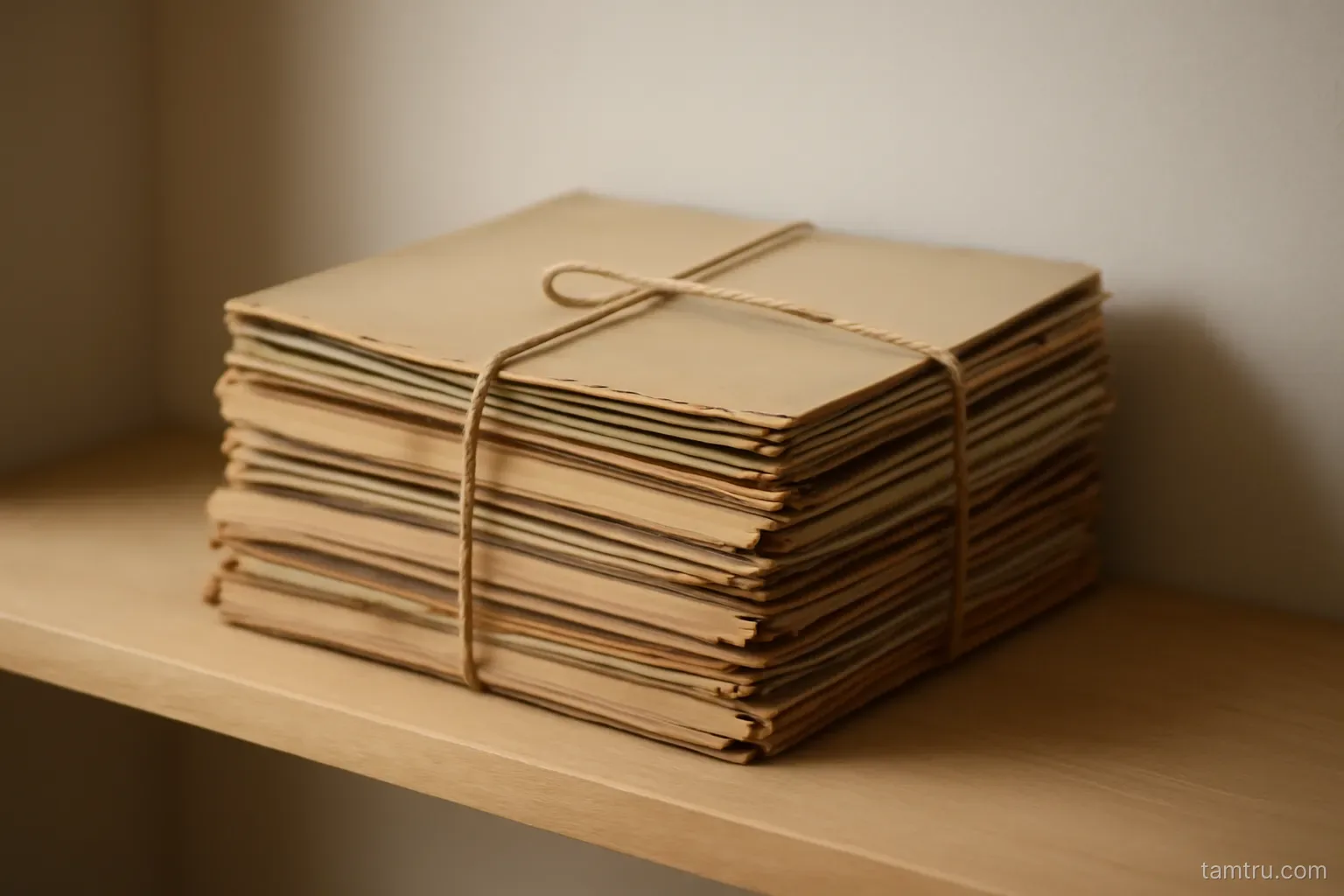 a stack of dated folders bound together with string on a plain wooden shelf