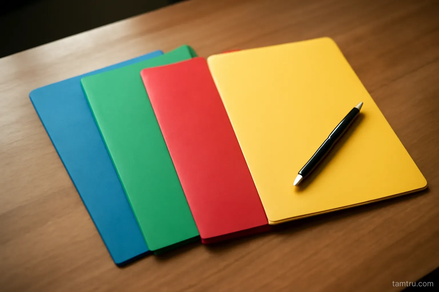 four coloured folders laid out in a row on a desk with a pen resting on the last one