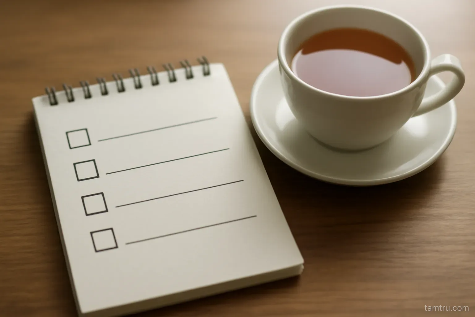a checklist with four boxes drawn on a notepad beside a cup of tea
