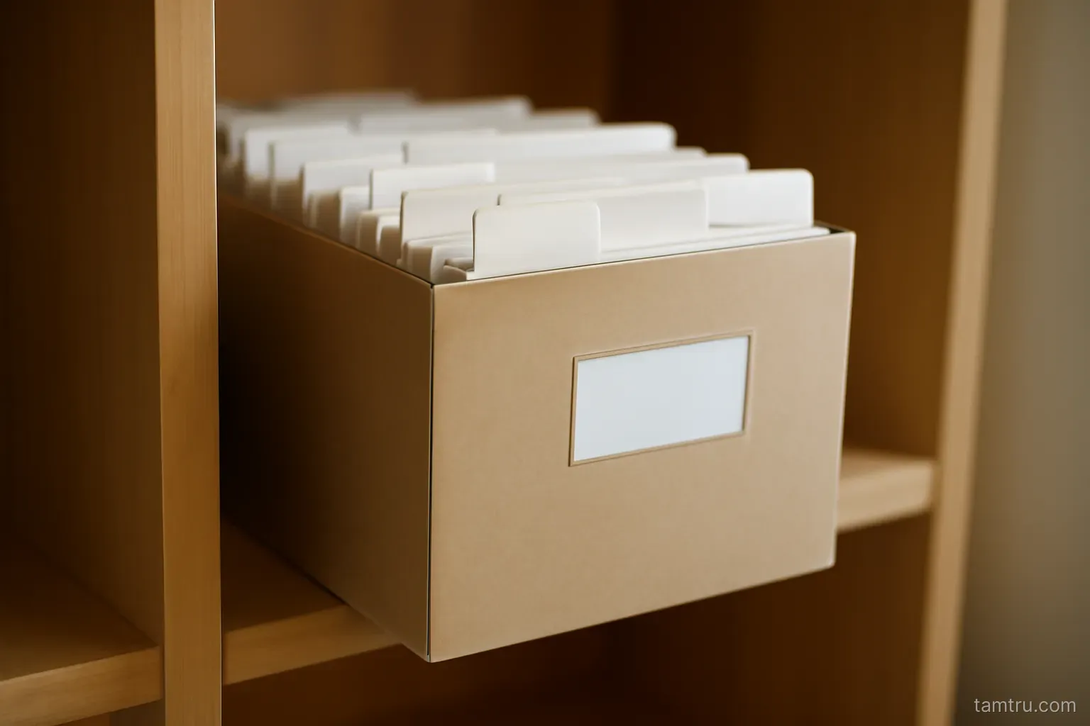 a box file with dividers holding papers arranged by year on a shelf