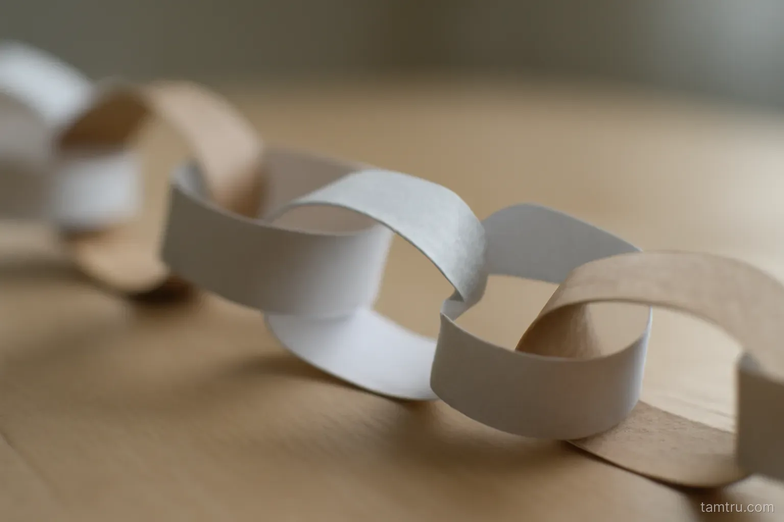 a chain of paper links glued together with one link visibly torn in the middle