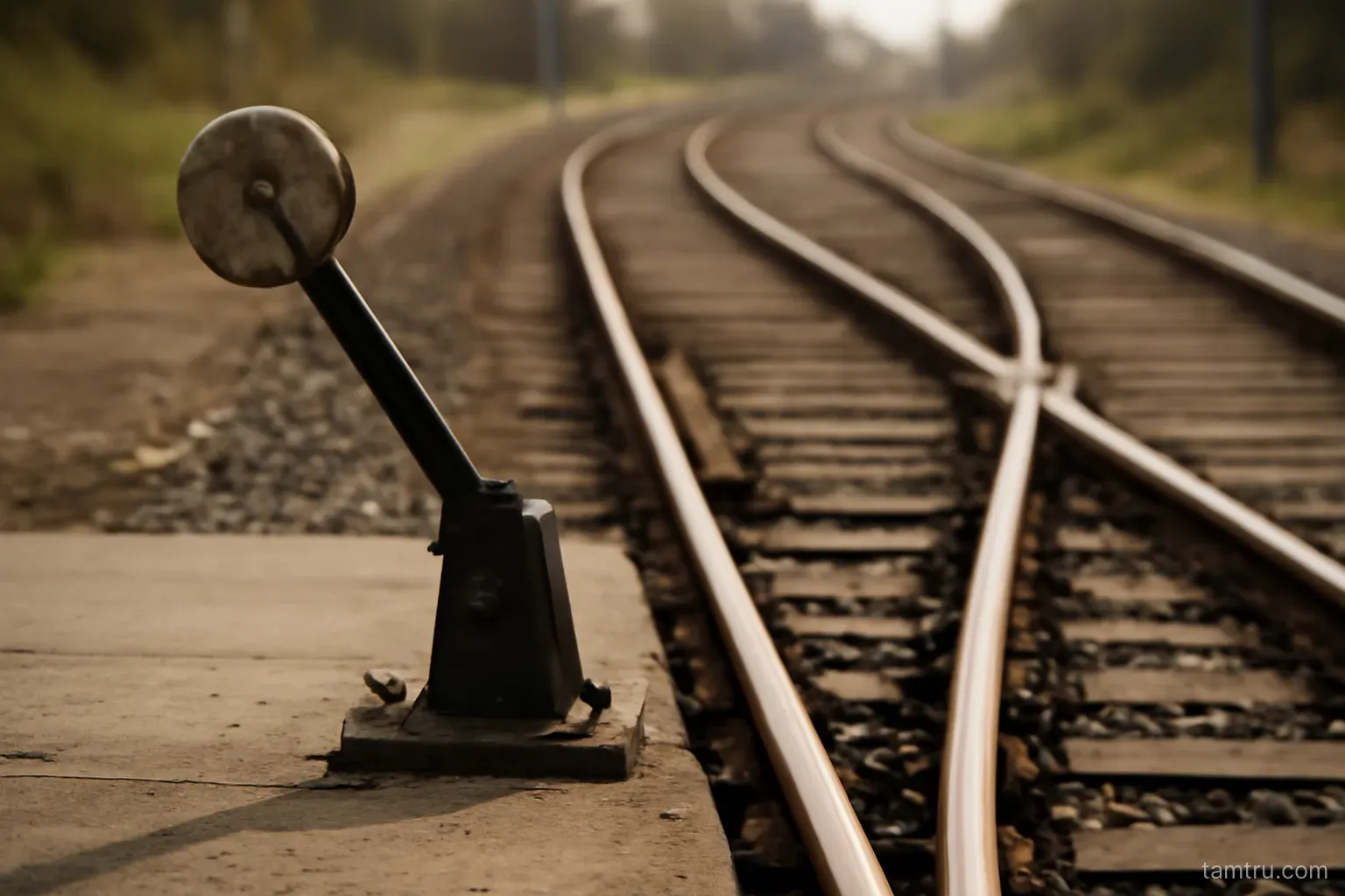 a railway switch lever on a platform with two sets of tracks diverging beyond it