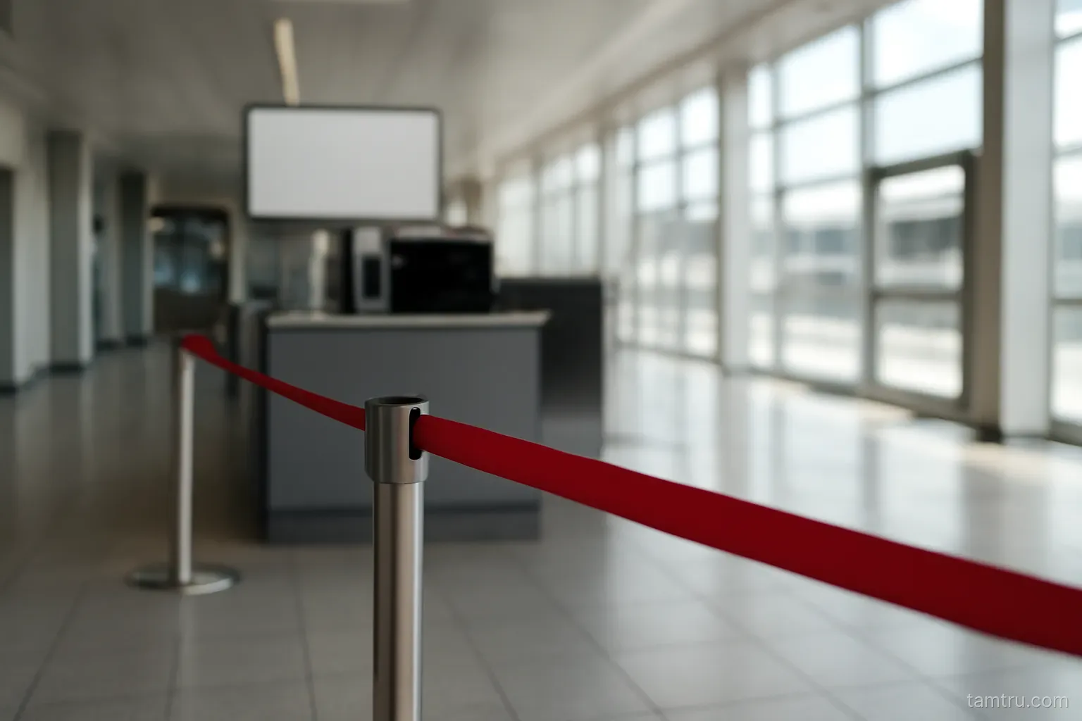 a queue barrier tape leading toward a control booth in an arrivals hall