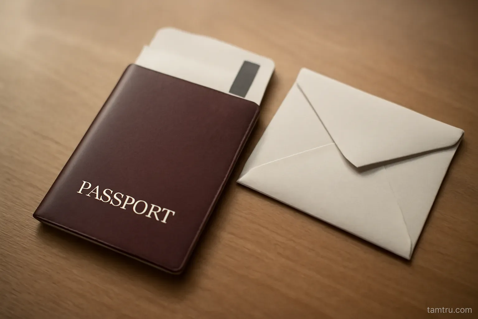 an airline boarding pass tucked into a passport lying next to an unopened letter