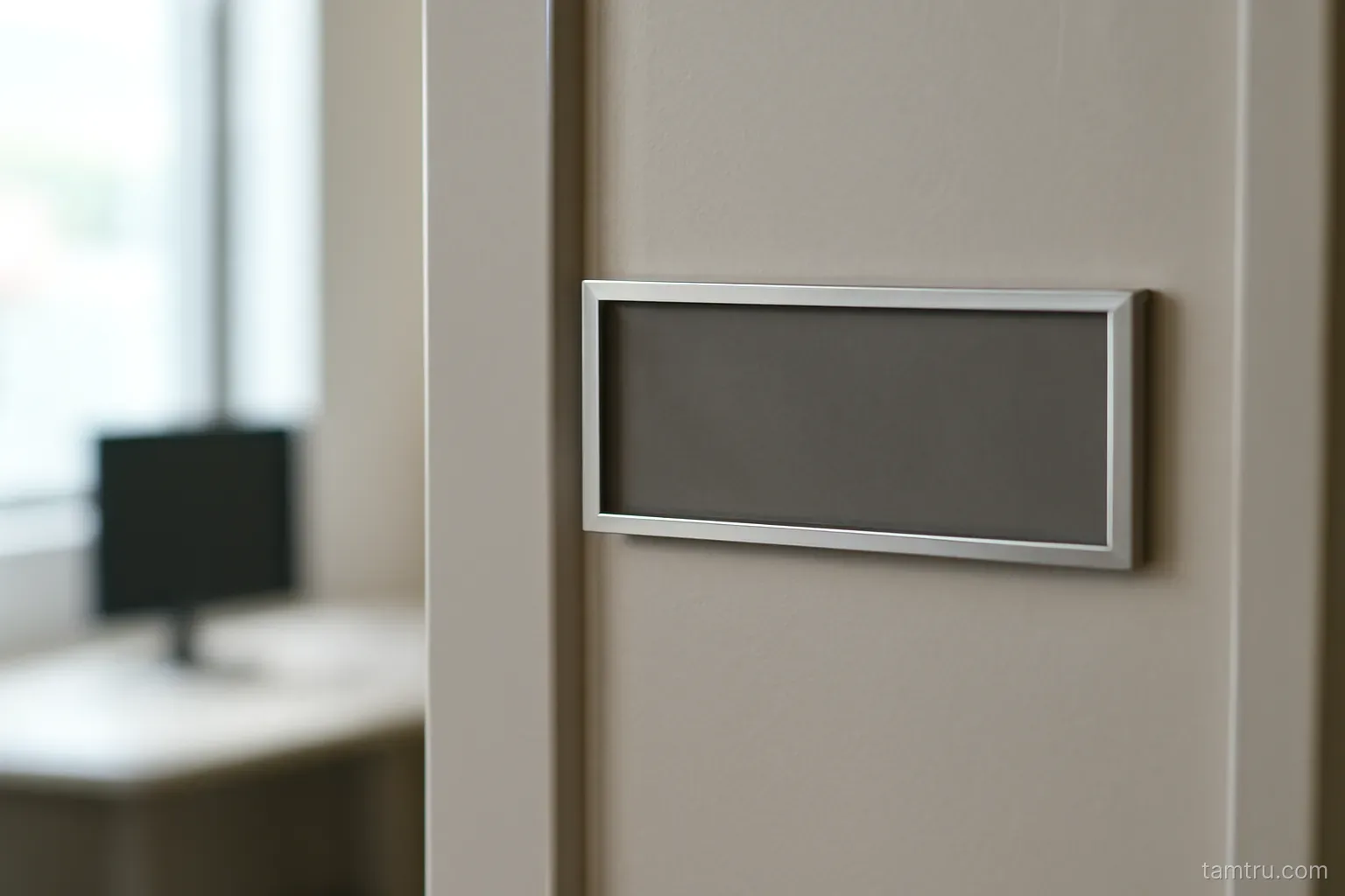 a single name plate slot on an office door frame with the plate removed