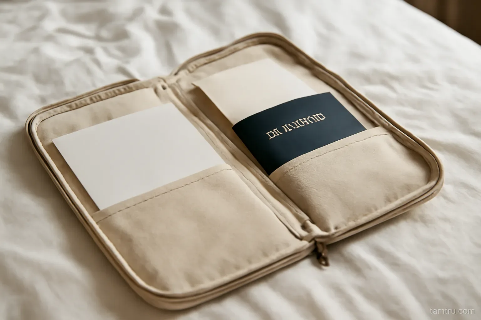 a travel document pouch unzipped on a bed showing several papers and a passport tucked inside