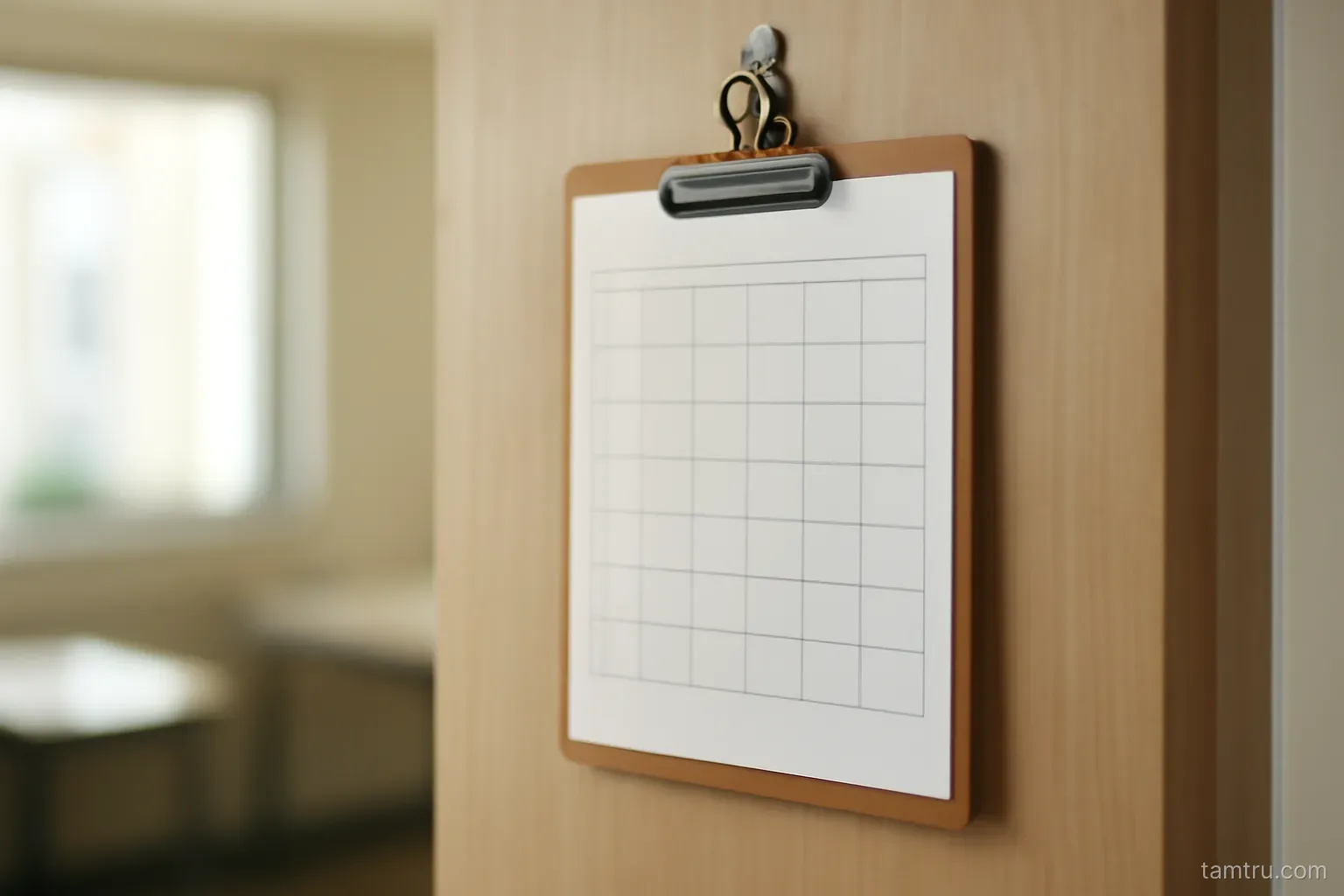 a paper timesheet on a clipboard hanging from a hook by a staff room door