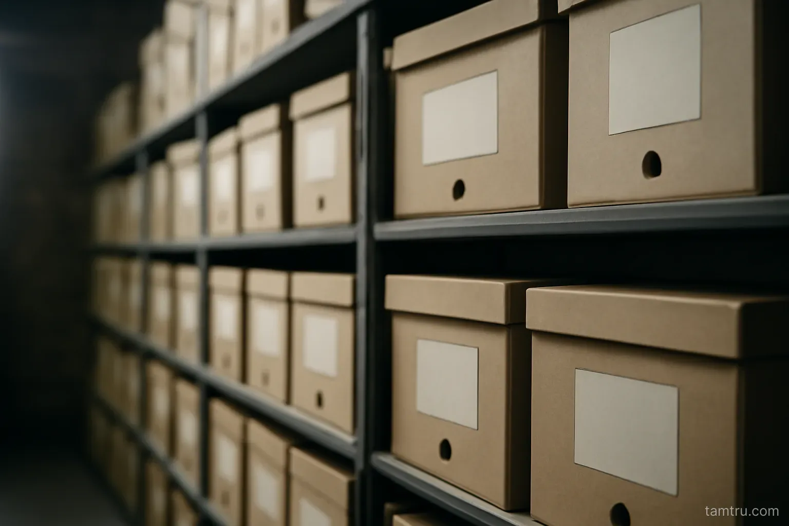 a long row of archive boxes on metal shelving in a dim storage room