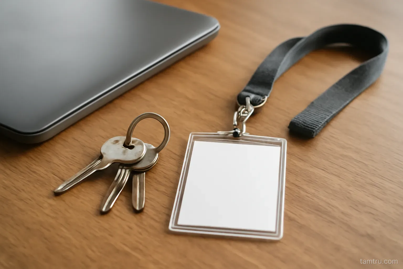 a set of keys and a lanyard badge left on a table beside a closed laptop