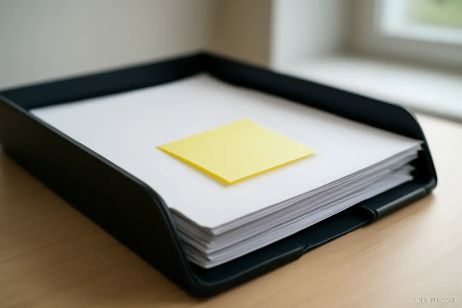 a document tray with several papers and a sticky note attached to the top sheet