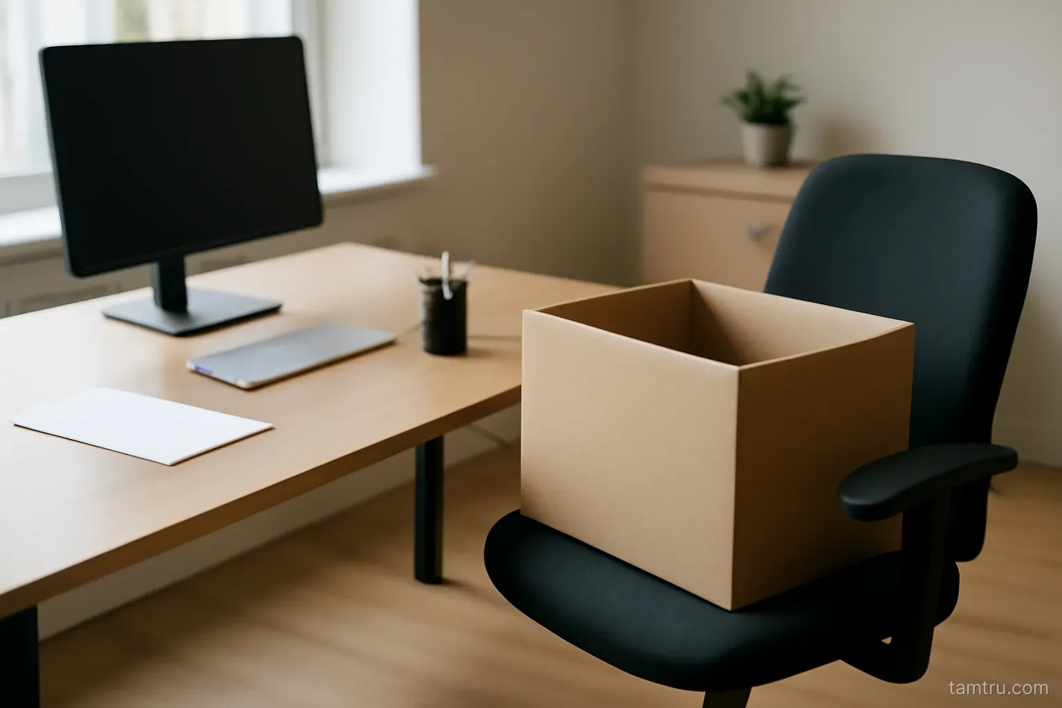 a cleared desk in an office with a cardboard box sitting on the chair beside it