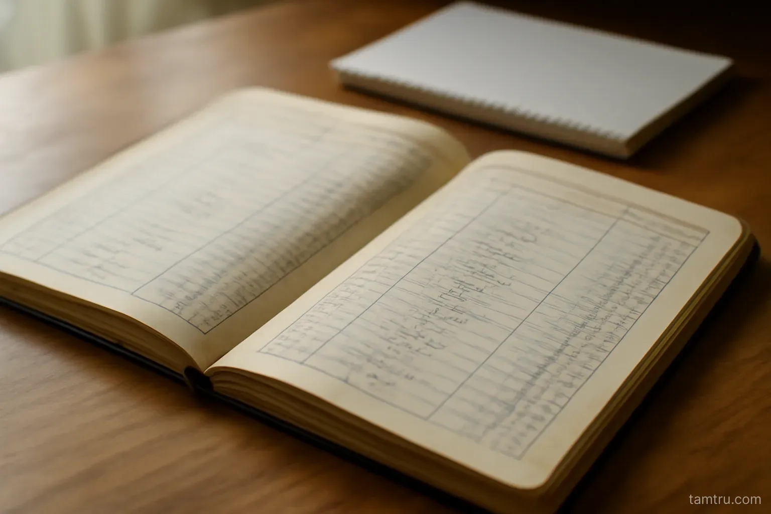 an accounting ledger open on a desk with two columns filled in by hand