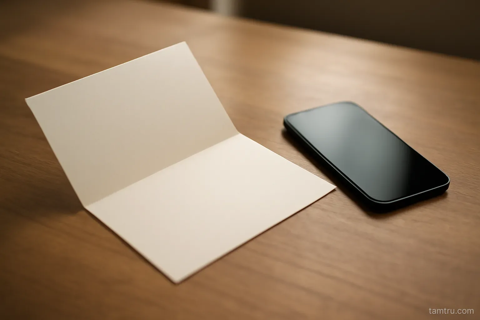 an opened letter lying flat on a table with a phone face down beside it