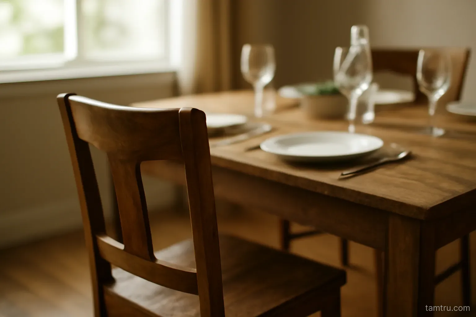 a single chair pulled back from a dining table set for fewer people than before