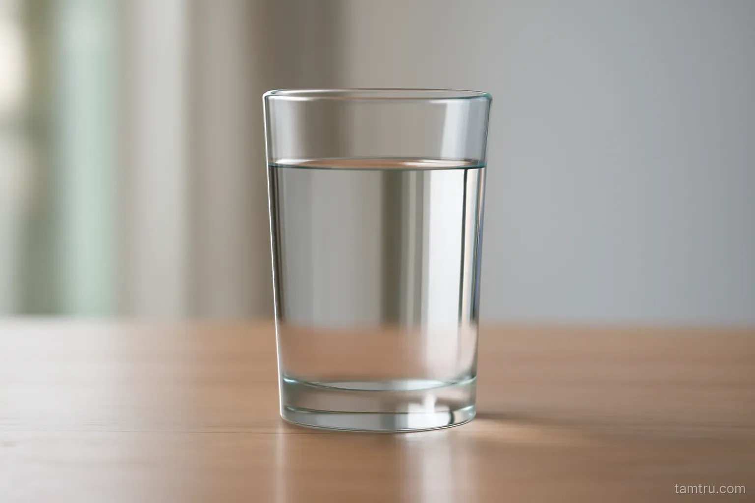 a nearly full glass of water standing on a level table in even daylight