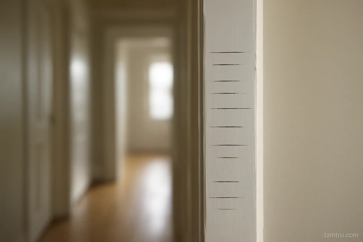 a doorframe in a hallway with pencil marks at different heights recording a child growing over years