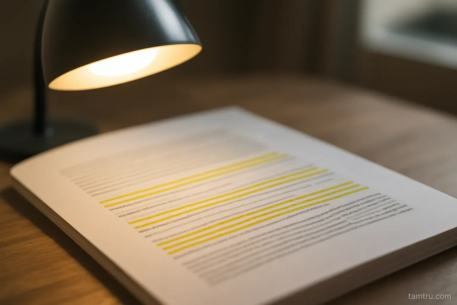 a printed page with several lines highlighted in yellow lying under a desk lamp