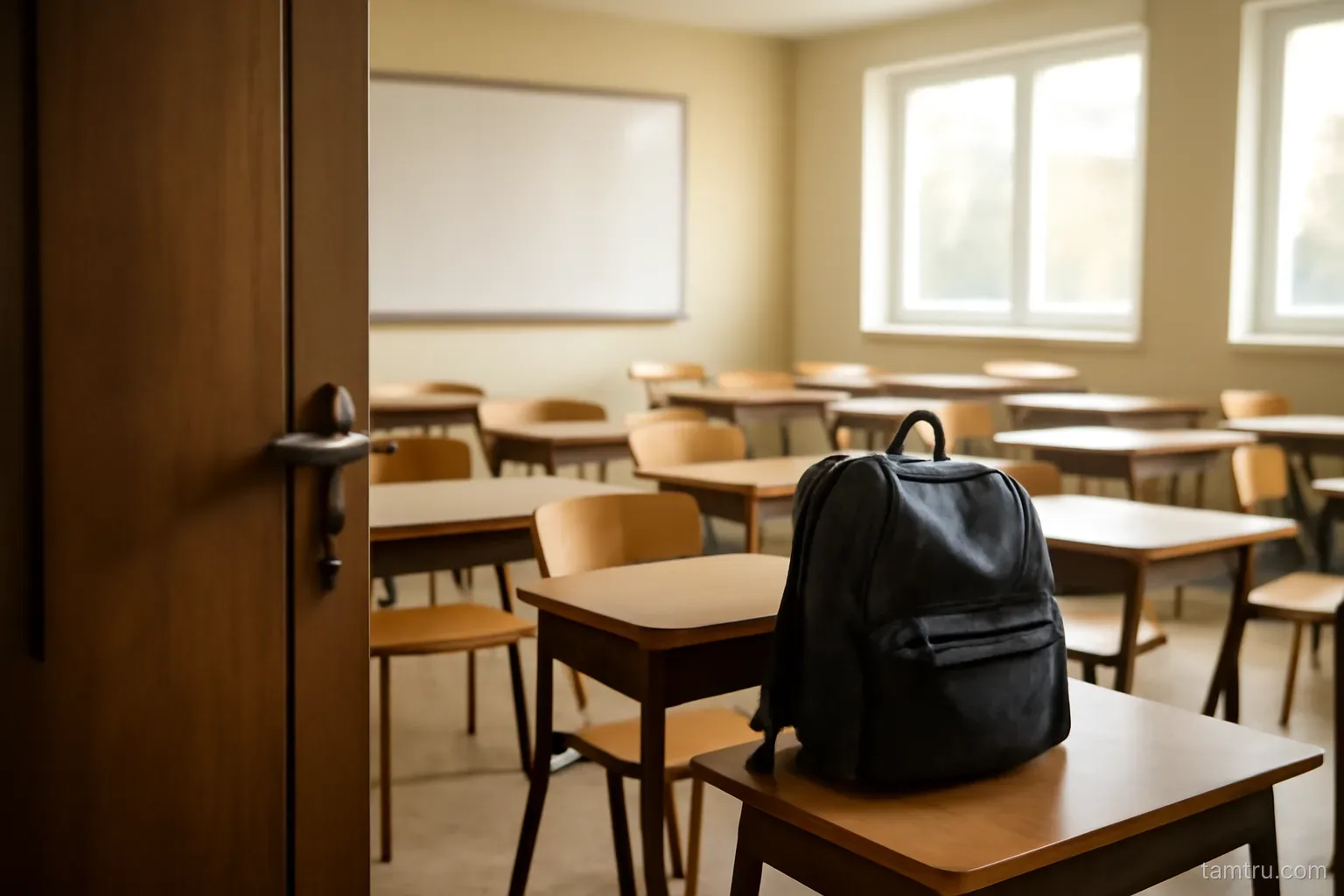 a classroom seen through a door left ajar with empty chairs and a bag on one desk
