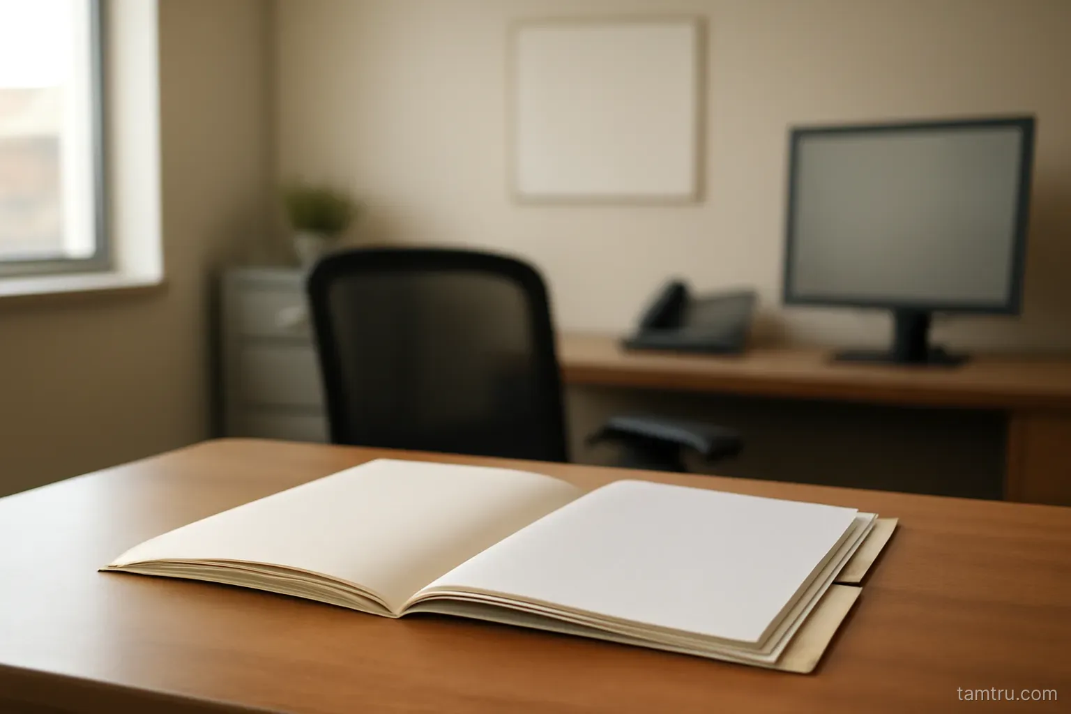 a folder of employment papers open on a desk in a small human resources office