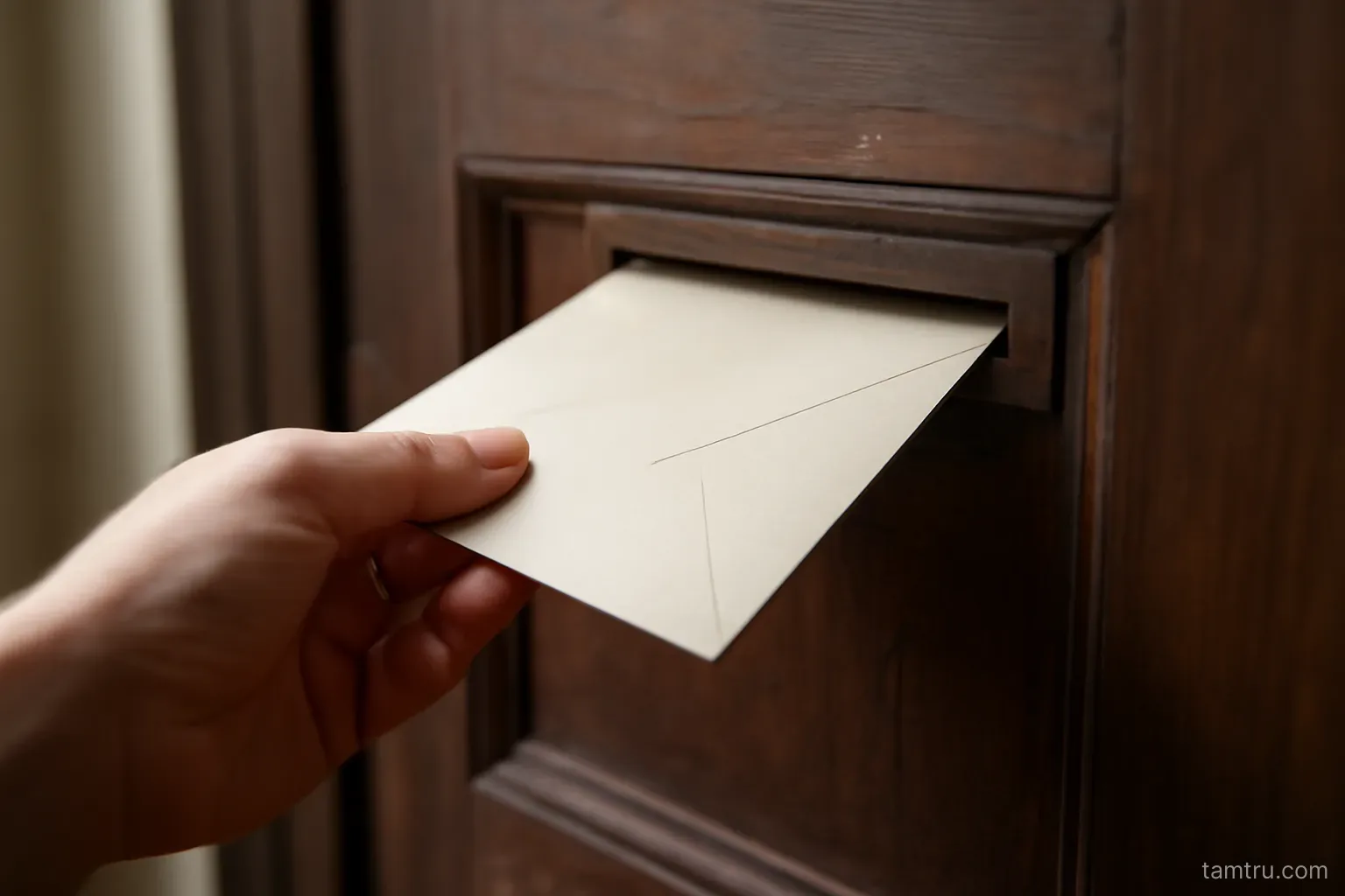 an envelope being slipped into a mail slot in a heavy wooden door