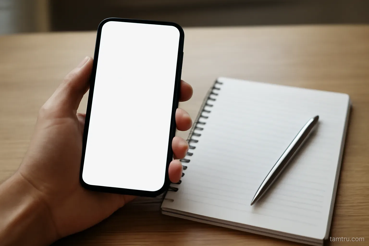 a phone held in a hand with a notepad and pen ready on the table below