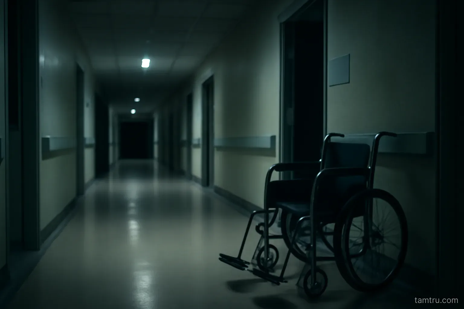 a hospital corridor at night with an empty wheelchair parked against the wall near a doorway
