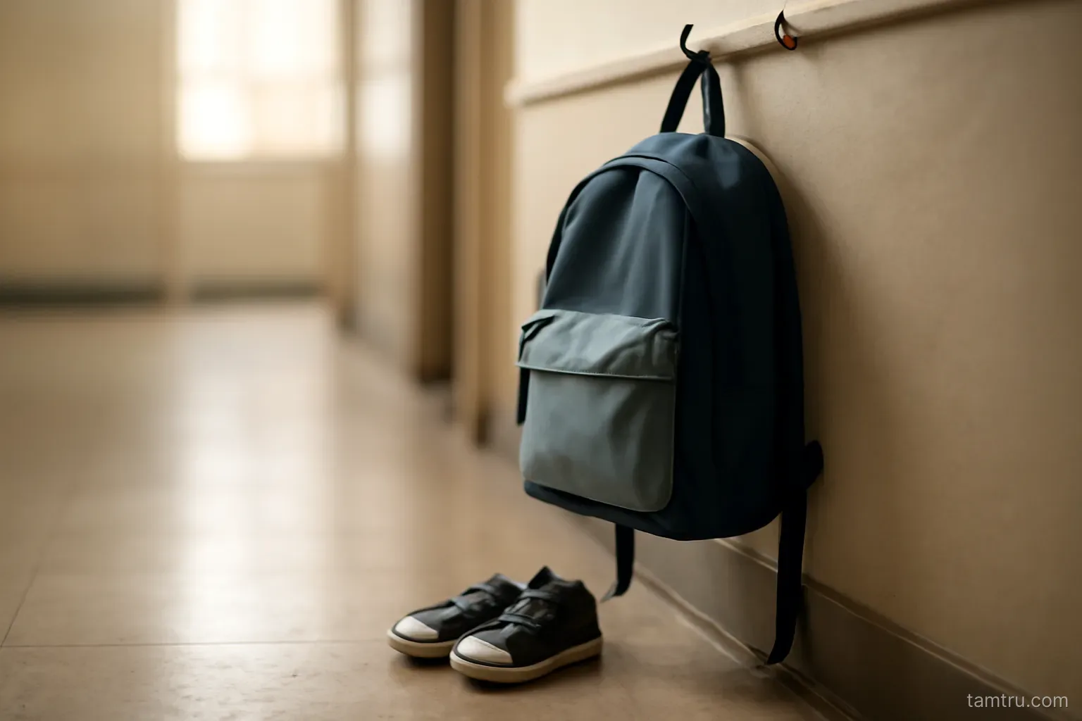 a school bag hanging on a hook beside a small pair of shoes in a hallway