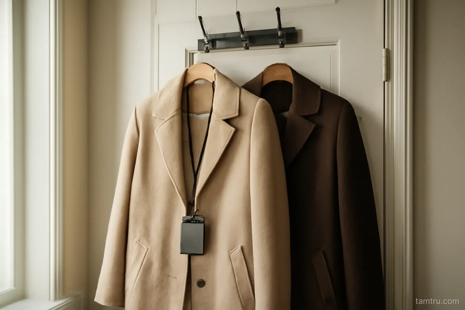 two coats hanging by a door, one with a work lanyard in the pocket and one without