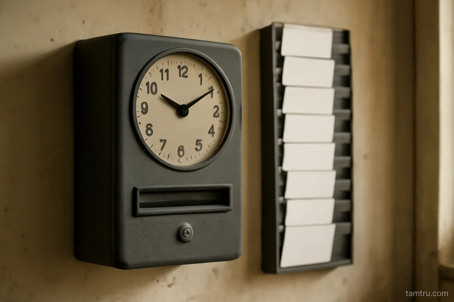 a time clock mounted on a workshop wall with a rack of blank cards beside it