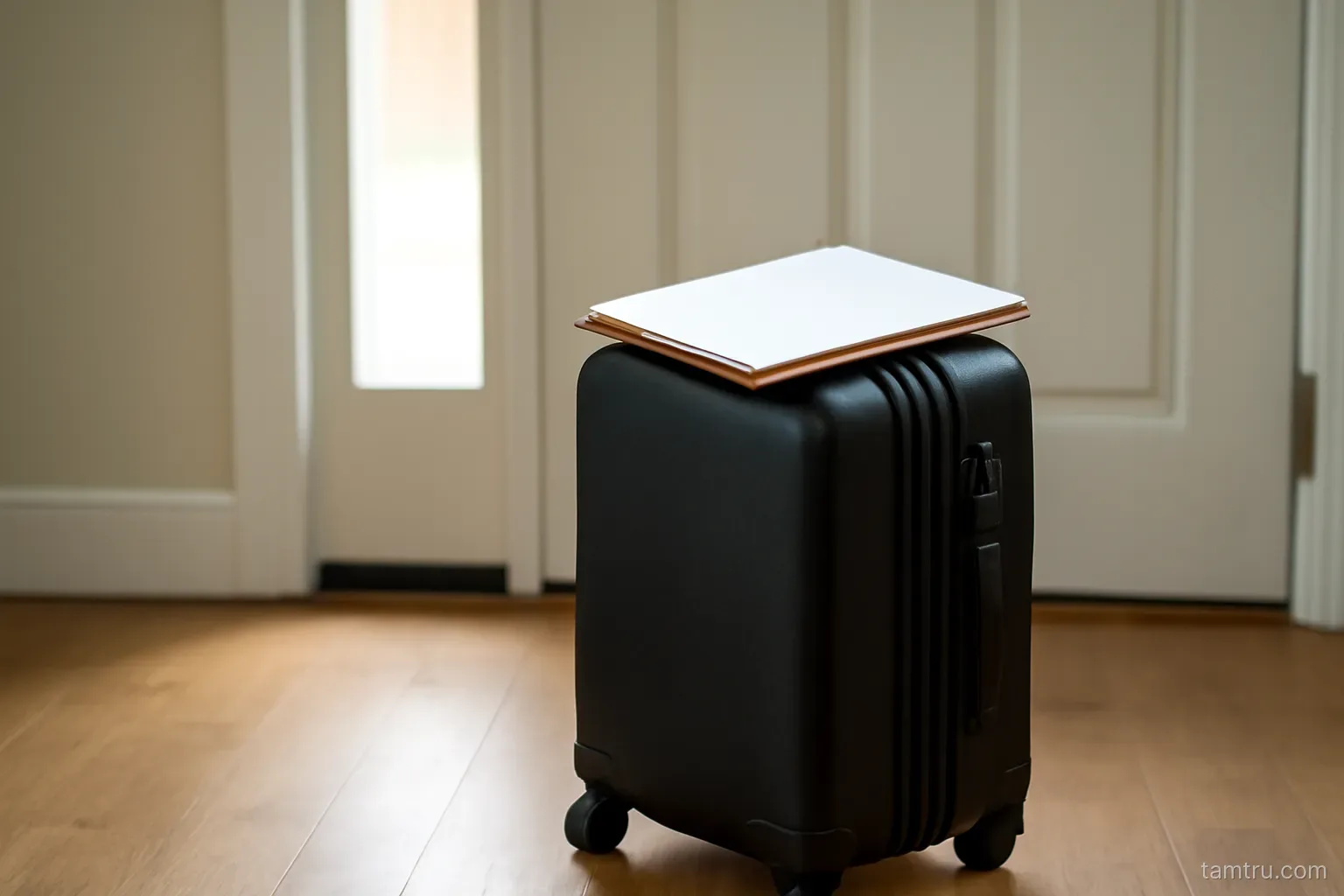 a suitcase standing by a front door with a folder of papers resting on top of it