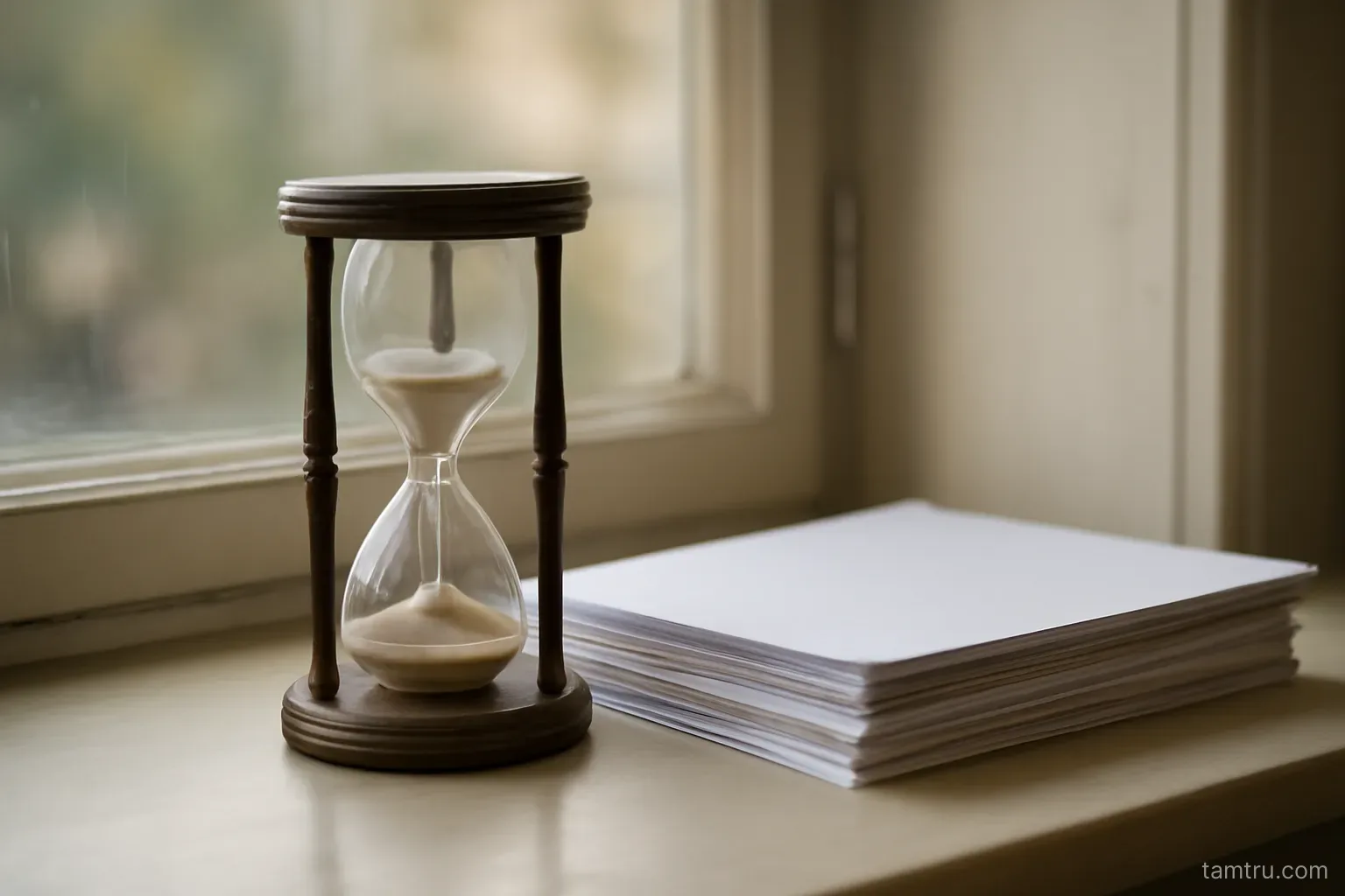 an hourglass standing on a windowsill with papers stacked beside it in daylight