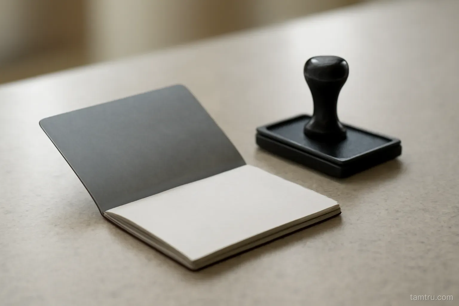 a passport lying open face down on a counter next to a small rubber stamp pad