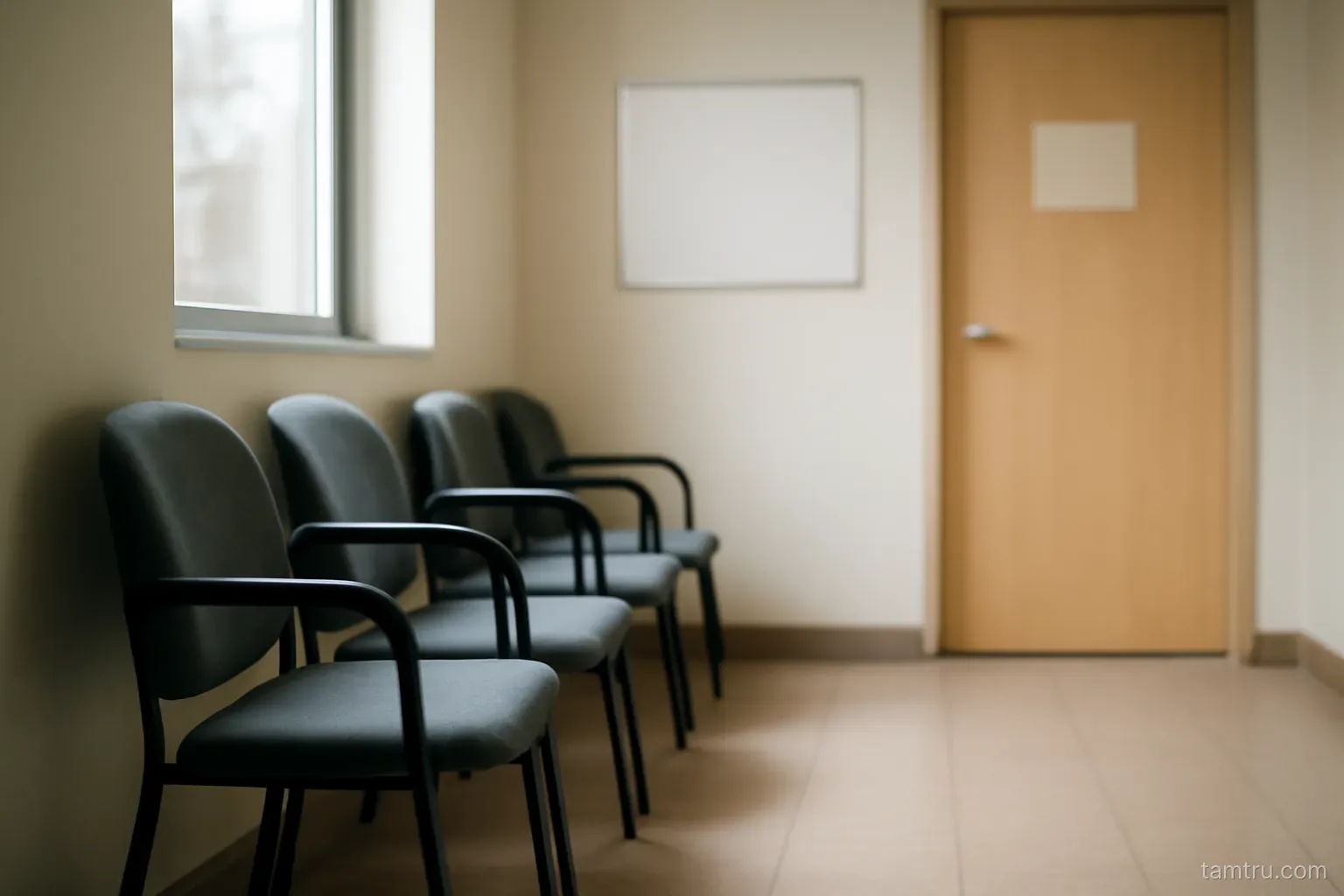 a waiting room with a row of chairs and a closed door at the far end
