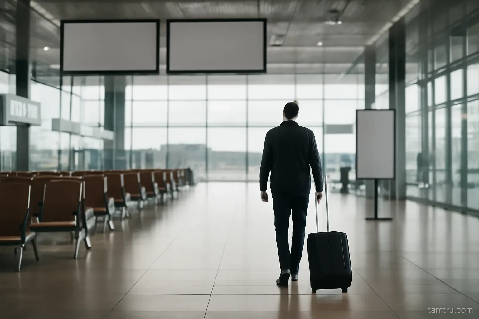 a departure hall seen from a distance with a single traveller pulling a suitcase