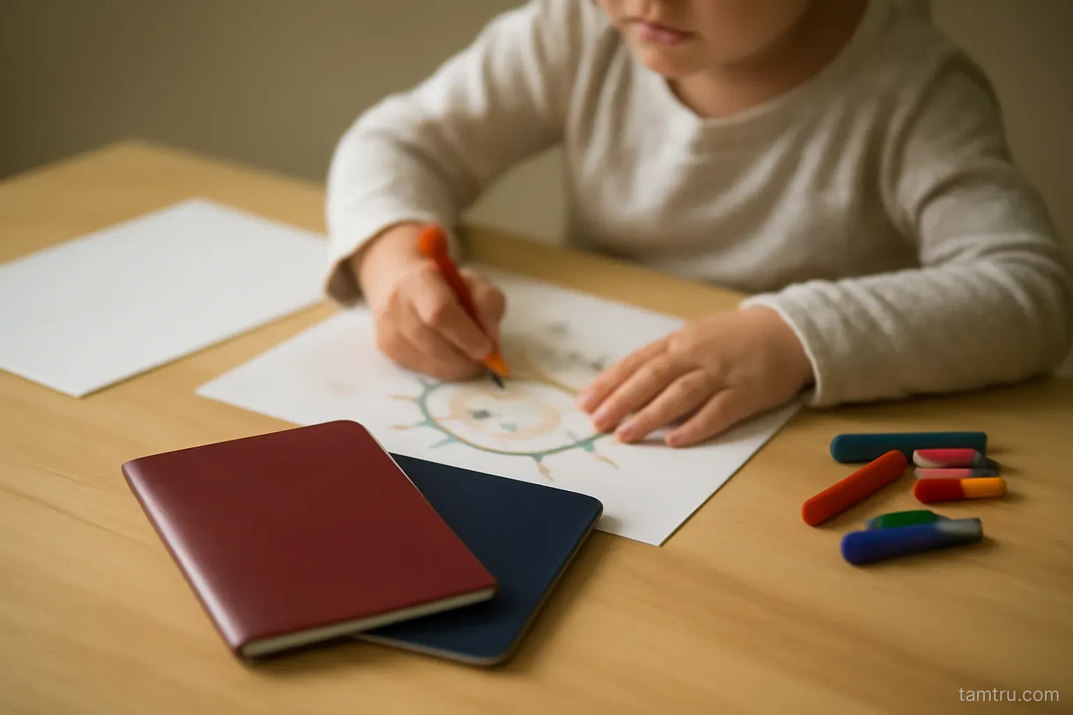 two passports of different colours resting on a table with a child drawing nearby