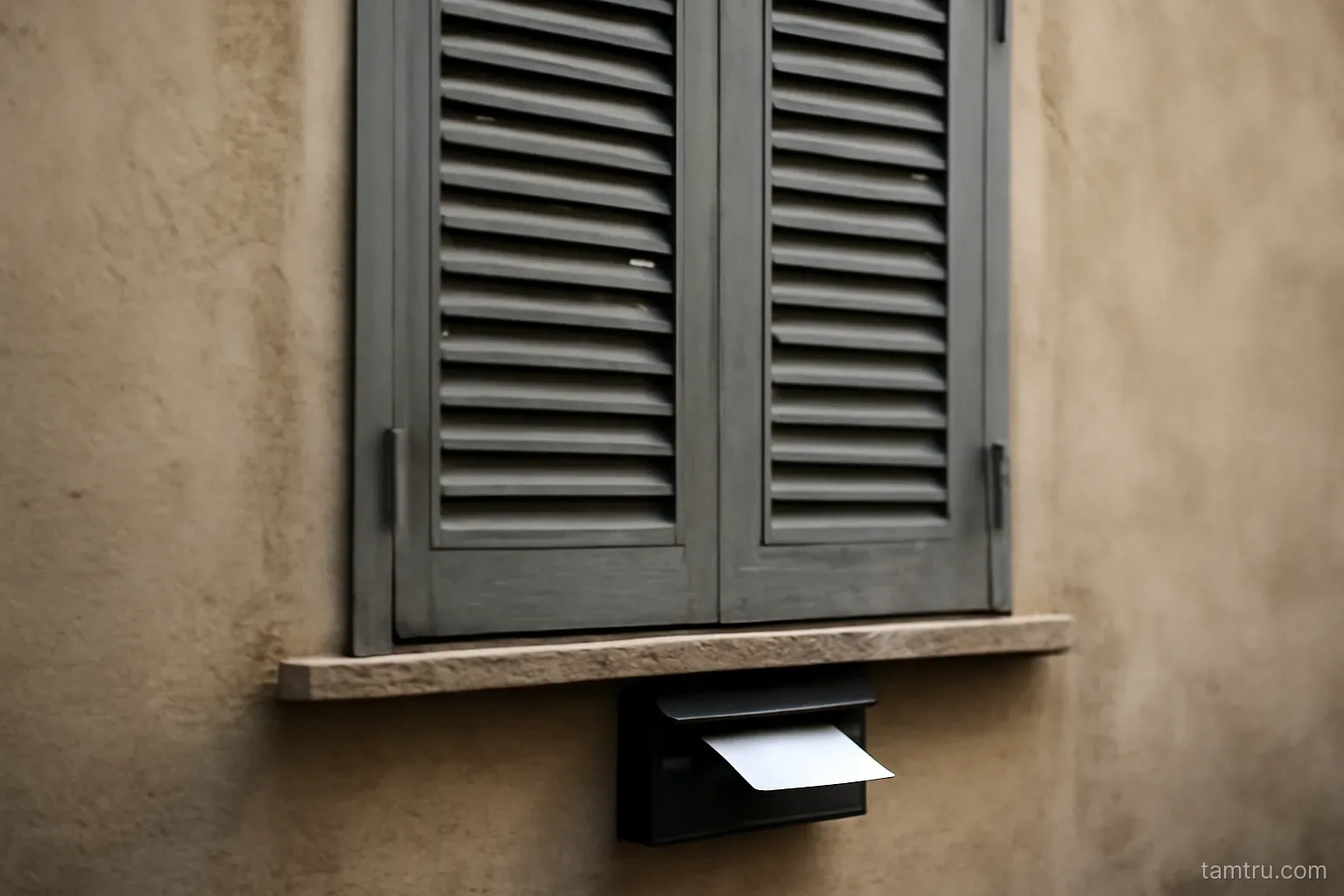 a shuttered apartment window seen from the street with mail visible in the box below